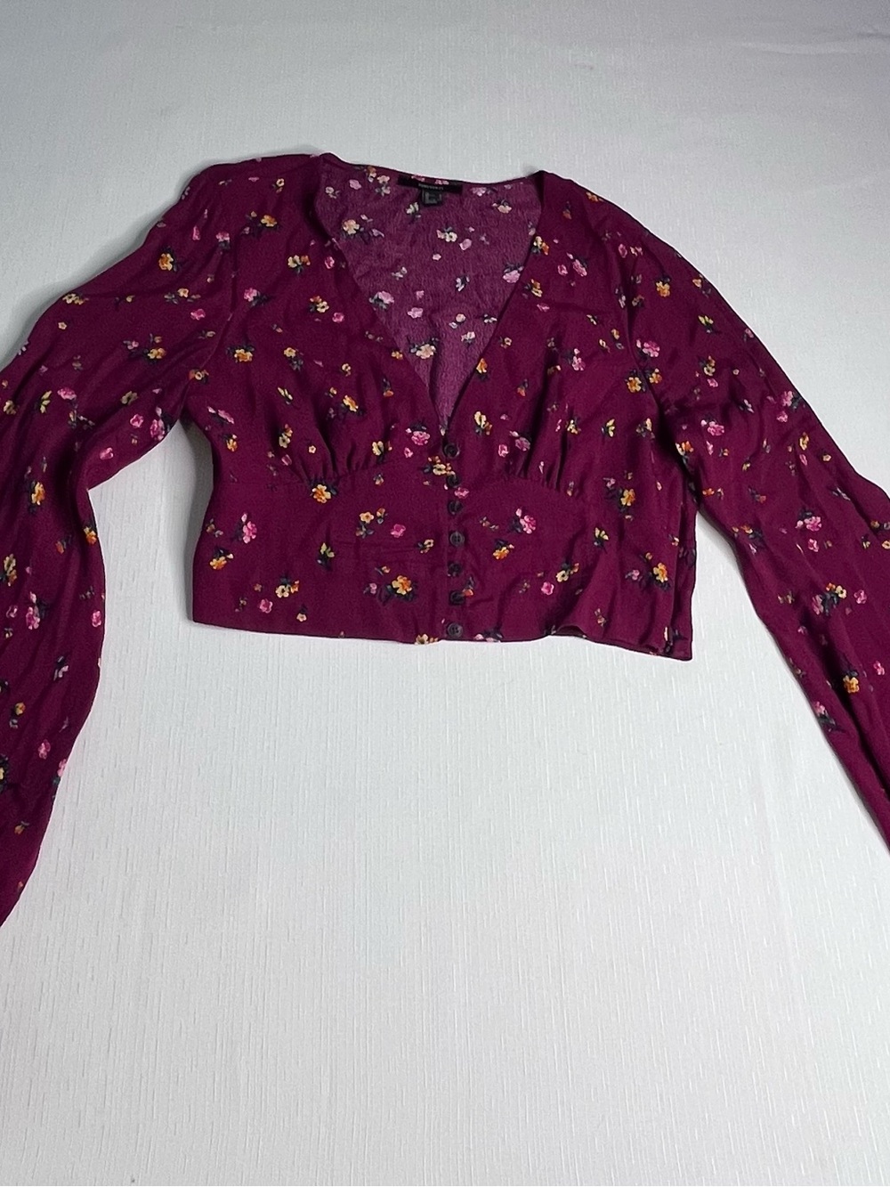 Forever 21 Floral Button-Front Crop Top with Long Bell Sleeves